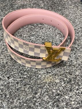 Louis Vuitton Pink and Cream Damier Azur Belt with Gold LV Buckle